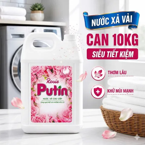 Nước Xả Vải Putin Rosie Can 10Kg - Hương Hoa Hồng Ngọt Ngào Cho Tiệm Giặt & Gia Đình Đông Người