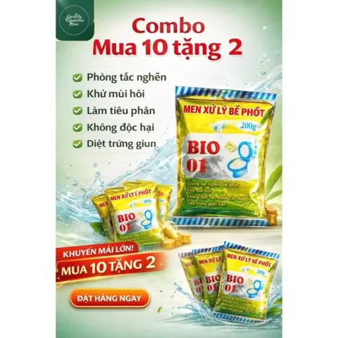 Giá sỉ 1 thùng(50 gói tặng 10) Men vi sinh BiO 01 diệt trứng giun, chống đầy bồn cầu, làm tiêu cặn bã,... gói 200g