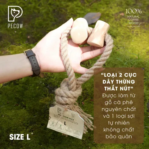 (Size L) Dây thừng thắt nút loại 2 cục từ gỗ cà phê - Giảm mảng bám, sạch răng cho thú cưng