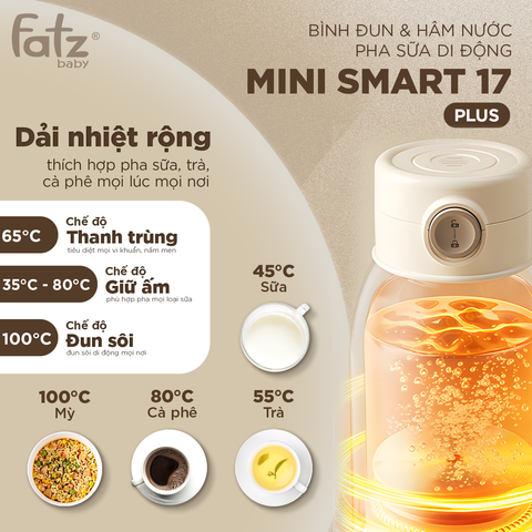Bình Đun và Hâm Nước Pha Sữa Di Động Fatzbaby Mini Smart 17 FB3806BT - Dung Tích 500ml, Pin 4350mAh, Giữ Nhiệt Thời Gian Thực