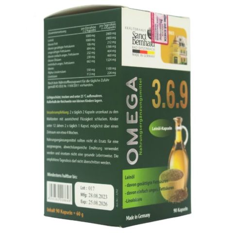 Viên Bổ Sung Omega 3 6 9 Từ Dầu Hạt Lanh Sanct Bernhard Đức - Hỗ Trợ Tim Mạch, Trí Não, Thị Lực, Làn Da, 90 Viên