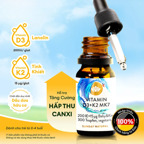 (Hàng nhập khẩu) Vitamin D3 + K2 MK7 200IE Baby&Kind Sunday Natural dạng giọt