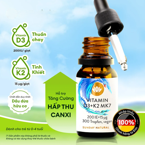 (Hàng nhập khẩu) Vitamin D3 + K2 MK7 200IE Vegan Sunday Natural cho bé 0-4 tuổi