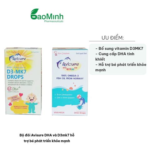 Bộ đôi Avisure DHA và D3MK7 cho bé - Si rô bổ sung Vitamin D3 và DHA hỗ trợ phát triển khỏe mạnh, tăng cường nhận thức và miễn dịch