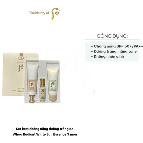 Bộ kem chống nắng dưỡng trắng da Whoo Radiant White Sun Essence 3 món - Kem chống nắng SPF 50+/PA++++, Sữa rửa mặt & Tinh chất dưỡng da chống lão hóa