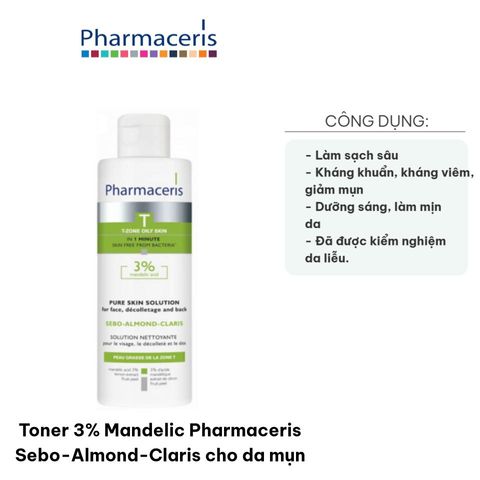 Toner 3% Mandelic Pharmaceris Sebo-Almond-Claris cho da mụn - Làm sạch sâu, ngăn ngừa mụn, kiểm soát nhờn, phù hợp với da dầu, mụn trứng cá