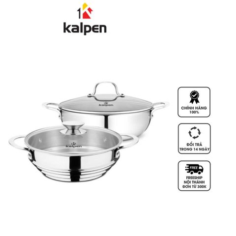 Chảo Xào Inox 304 Kalpen Đúc Liền và Xửng Hấp 3 Nấc - Bộ Đa Năng Cho Món Xào, Nấu, Hấp Thực Phẩm An Toàn, Tiện Lợi