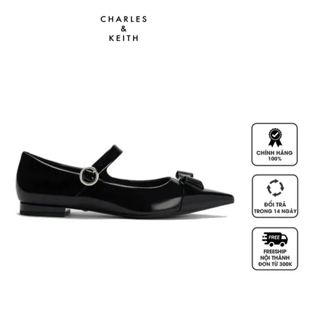 Giày bệt Charles & Keith Leather Bow Mary Jane Flats SL1-71790022 Black Box