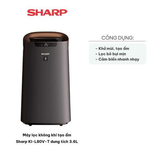 Máy Lọc Không Khí Tạo Ẩm Sharp KI-L80V-T 3.6L - Công Nghệ Plasmacluster, Điều Khiển Qua App, Khử Mùi Hiệu Quả