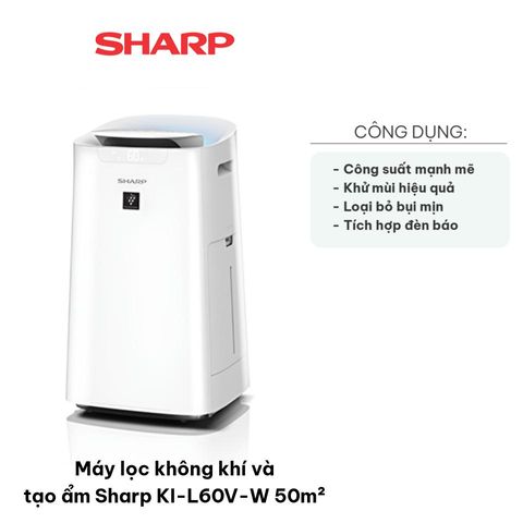 Máy Lọc Không Khí và Tạo Ẩm Sharp KI-L60V-W - Thiết Kế Hiện Đại, Lọc 99,97% Bụi, Cho Không Gian 50m², Thông Minh và Tiết Kiệm Năng Lượng