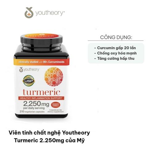 Viên tinh chất nghệ Youtheory Turmeric 2.250mg - Tăng cường sức khỏe và làm đẹp da, Hỗ trợ tiêu hóa, chống oxy hóa