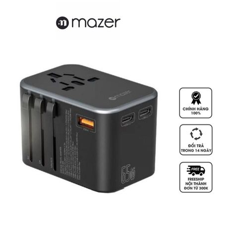 Củ Sạc Nhanh Mazer Infinite World Travel GaN 65W PD - Bộ Sạc Du Lịch Tương Thích 150 Quốc Gia, USB-C và USB-A