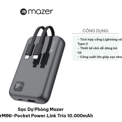 Sạc Dự Phòng Mazer SuperMINI-Pocket Power.Link Trio 10.000mAh - Pin Nhỏ Gọn Tích Hợp Cáp Lightning & USB-C, Sạc Nhanh 22W
