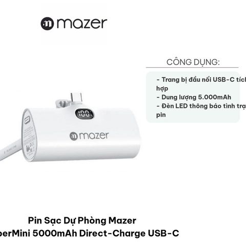 Pin Sạc Dự Phòng Mazer SuperMini 5000mAh USB-C - Sạc Nhanh 20W, Thiết Kế Nhỏ Gọn, Phù Hợp Với Thiết Bị Apple, Đen Trắng