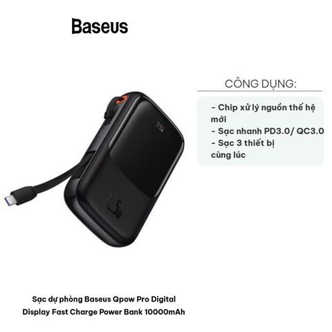 Sạc Dự Phòng Baseus Qpow Pro 10000mAh - Bảo Mật Thông Minh, Sạc Nhanh USB & Type C, Màn Hình Hiển Thị, Dành Cho Điện Thoại & Thiết Bị Di Động