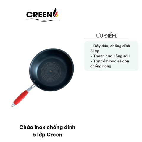 Chảo Inox Chống Dính 5 Lớp Creen - Chảo Chống Dính Cao Cấp 20-30cm Dùng Cho Bếp Từ, Gas, Hồng Ngoại