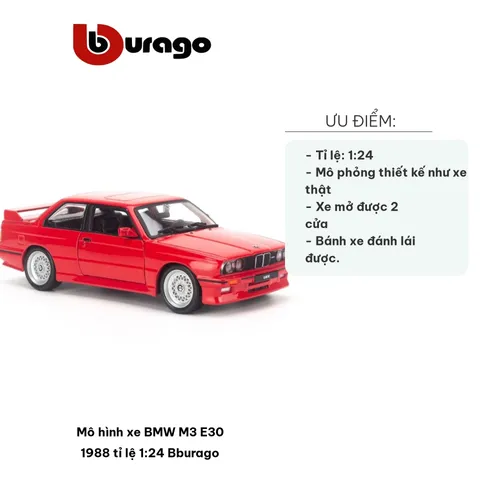Mô hình xe BMW M3 E30 1988 tỉ lệ 1:24 Bburago - Chi tiết hoàn hảo, trang trí nhà cửa, sưu tầm xe ô tô mini, quà tặng đam mê xe hơi