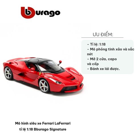 Mô hình siêu xe Ferrari LaFerrari 1:18 Bburago Signature - Đỏ/Đen - Trang trí nhà cửa và quà tặng cho tín đồ xe hơi