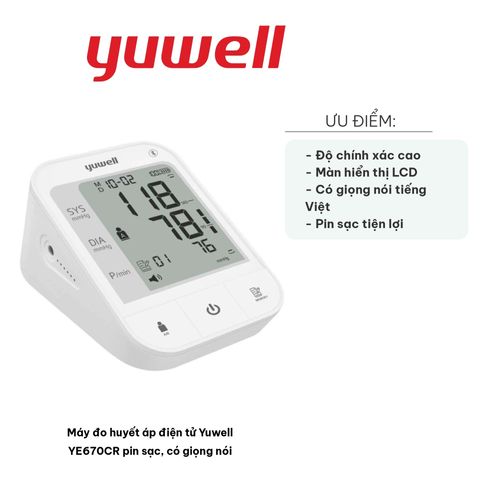 Máy Đo Huyết Áp Điện Tử Yuwell YE670CR - Pin Sạc, Giọng Nói Hướng Dẫn Bằng Tiếng Việt, Dễ Sử Dụng Cho Người Già
