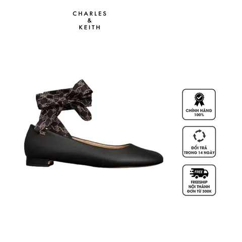 Giày Charles & Keith Leather Monogram Tie-Around Ballet Flats SL1-71790028 Black