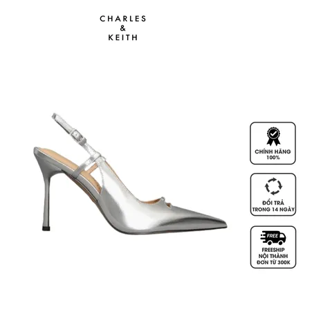 Giày cao gót Charles & Keith Metallic Leather Pointed-Toe Slingback Pumps SL1-61790021 Silver
