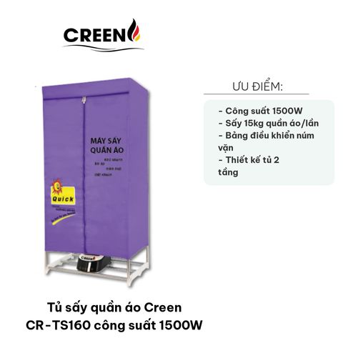 Tủ sấy quần áo Creen CR-TS160 1500W - Thiết kế hiện đại, sấy 15kg quần áo trong 1 giờ, tiện lợi cho gia đình, khử mùi hiệu quả