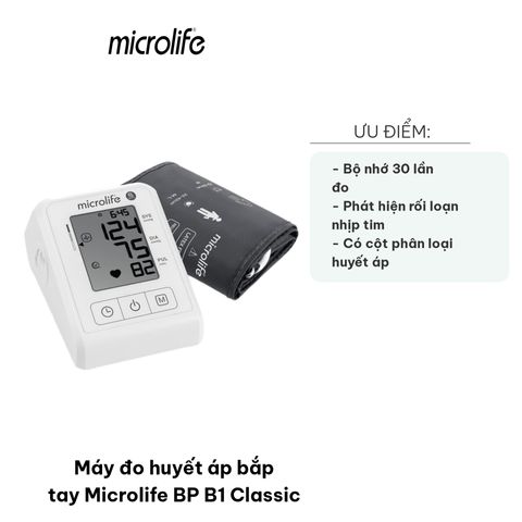 Máy đo huyết áp bắp tay Microlife BP B1 Classic - Màn hình lớn, bộ nhớ 30 lần đo, cảnh báo loạn nhịp tim, tiện lợi mang theo