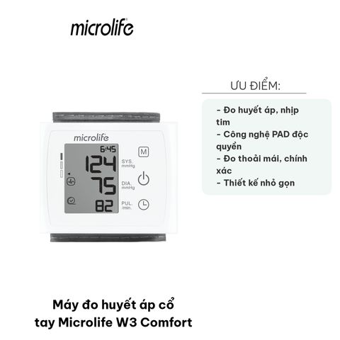 Máy Đo Huyết Áp Cổ Tay Microlife W3 Comfort - Công Nghệ PAD Chống Rối Loạn Nhịp Tim, Đo Nhanh, Bộ Nhớ 30 Lần, Thiết Kế Siêu Mỏng, Tiện Dụng