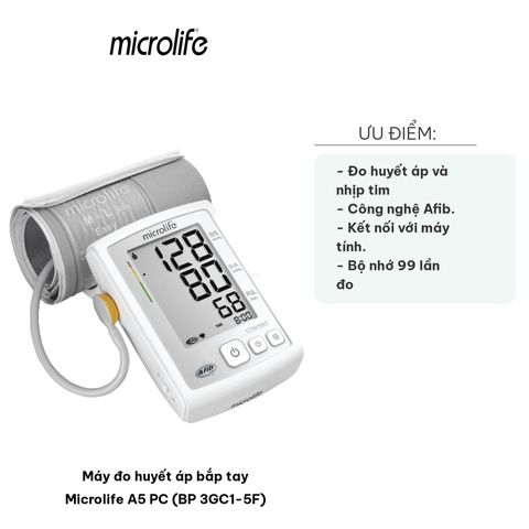 Máy Đo Huyết Áp Bắp Tay Microlife A5 PC (BP 3GC1-5F) - Chống Ồn, Công Nghệ Gentle+ và Afib, Chính Xác, Tiện Dụng Tại Nhà