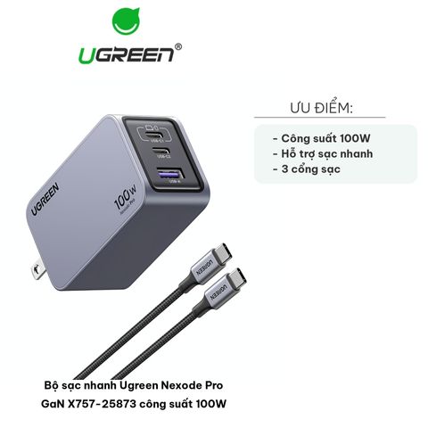 Bộ Sạc Nhanh Ugreen Nexode Pro GaN X757-25873 100W - Cắm Sạc 3 Cổng USB-C, USB-A, Công Nghệ Phân Phối Thông Minh