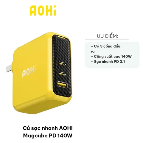 Củ Sạc Nhanh AOHi Magcube PD 140W - 3 Cổng USB (2C + 1A) Công Nghệ GaN+ Tỏa Nhiệt Thấp, Sạc Nhanh Đa Dụng Cho Điện Thoại và Thiết Bị điện tử