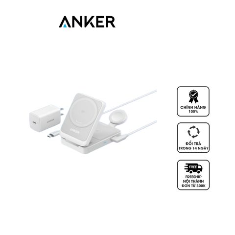Đế Sạc Không Dây 3in1 Anker MagGo 15W A2557 - Sạc Nhanh USB-C 40W, Thiết Kế Sang Trọng, Tương Thích MagSafe, Sạc Đồng Thời 3 Thiết Bị