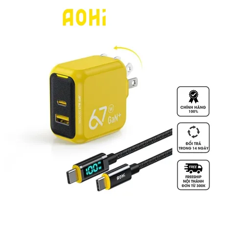 Bộ Sạc Nhanh AOHi Magcube GaN+ 67W AOC-C004 - Củ Sạc 2 Cổng USB-C và USB-A Gọn Nhẹ, Chất Lượng Cao, Tích Hợp Màn Hình LED