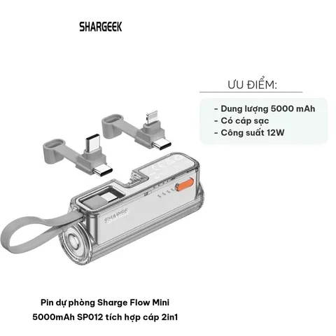 Pin Dự Phòng Sharge Flow Mini 5000mAh SP012 - Tích Hợp Cáp 2in1 Năng Lượng Mọi Lúc Mọi Nơi