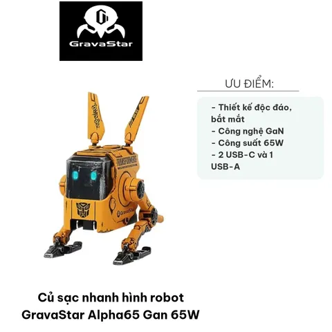 Củ Sạc Nhanh Robot GravaStar Alpha65 Gan 65W - Thiết Kế Độc Đáo, Công Nghệ GaN, Sạc Nhanh An Toàn, 3 Cổng USB