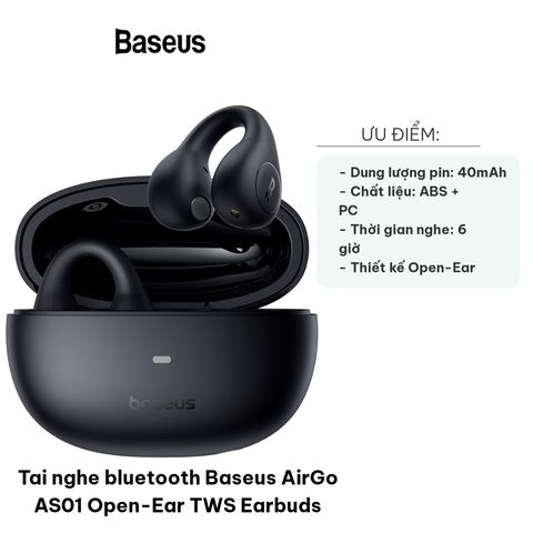 Tai nghe Bluetooth Baseus AirGo AS01 True Wireless (TWS) - Thiết kế Open-Ear, Công nghệ ENC, Âm thanh sống động, Pin 25 giờ
