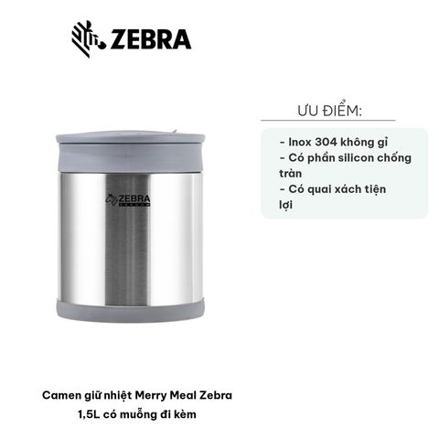 Hộp cơm giữ nhiệt Merry Meal Zebra 1,5L - Chất liệu inox cao cấp, có muỗng và ngăn phụ tiện lợi, giữ nóng lâu, không chứa BPA