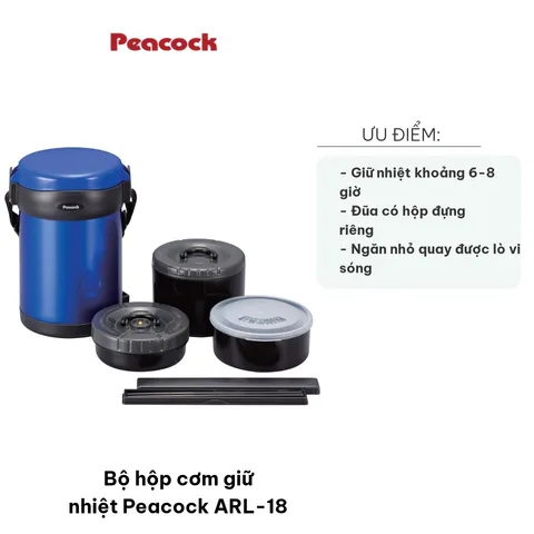 Bộ Hộp Cơm Giữ Nhiệt Peacock ARL-18, Inox SUS304 Chống Gỉ, Dung Tích 1.8L, 3 Ngăn Nhỏ Có Nắp, Hộp Đũa Tiện Lợi