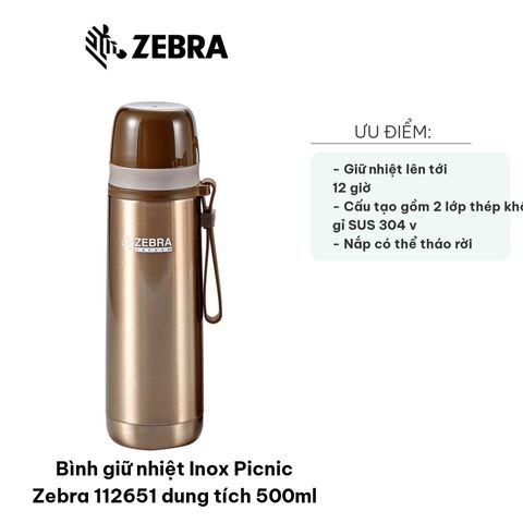 Bình Giữ Nhiệt Inox Picnic Zebra 112651 500ml - Chất Liệu Thép Không Gỉ, Giữ Nhiệt Tối Ưu 12 Giờ, Quai Xách Tiện Lợi