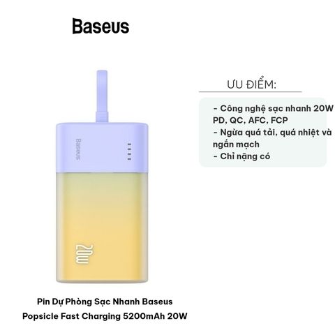 Pin Dự Phòng Sạc Nhanh Baseus Popsicle 5200mAh 20W - Thiết Kế Nhỏ Gọn, Sạc Nhanh Cho Điện Thoại, Máy Tính Bảng, Tai Nghe không Dây