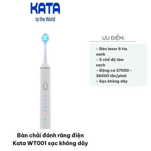 Bàn Chải Đánh Răng Điện Kata WT001 Sạc Không Dây - Công Nghệ Đèn LED 8 Tia Xanh Làm Trắng Răng, Chống Nước IPX7, 5 Chế Độ Sử Dụng