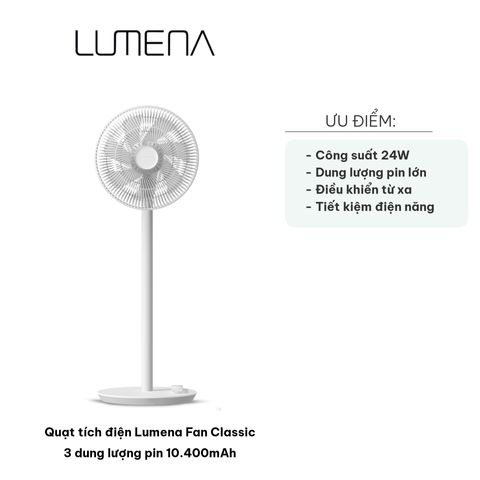 Quạt Tích Điện Lumena Fan Classic 3 - Pin 10.400mAh, Điều Khiển Từ Xa, Chế Độ Gió Đa Năng, Thời Gian Sử Dụng Lên Đến 40 Giờ