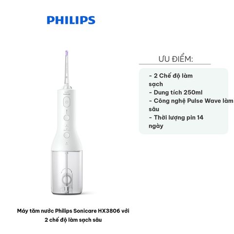 Máy tăm nước Philips Sonicare HX3806 - Tăm nước làm sạch kẽ răng và nướu hiệu quả với 2 chế độ và công nghệ Quad Stream