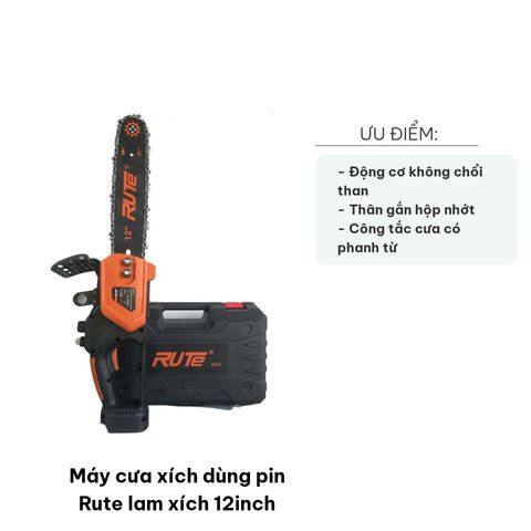 Máy cưa xích pin Rute 12inch - Cắt gỗ dễ dàng với động cơ không chổi than mạnh mẽ, công suất 1600W, khổ cắt 30cm.
