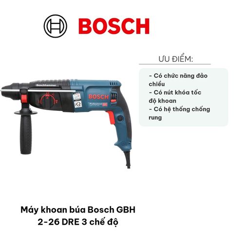 Máy Khoan Búa Bosch GBH 2-26 DRE 800W - 3 Chế Độ Khoan Đa Năng, Chức Năng Đảo Chiều, Thích Hợp Cho Bê Tông, Gỗ, Kim Loại