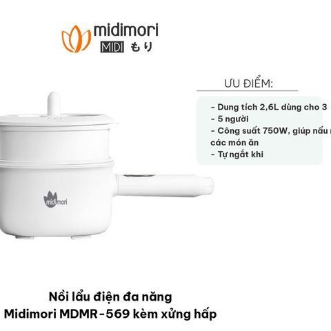 Nồi Lẩu Điện Đa Năng Midimori MDMR-569 Kèm Xửng Hấp, Dung Tích 2.6L, Chất Liệu Gốm Chịu Nhiệt 500°C, Thiết Kế Tiện Lợi Cho Gia Đình 3-5 Người