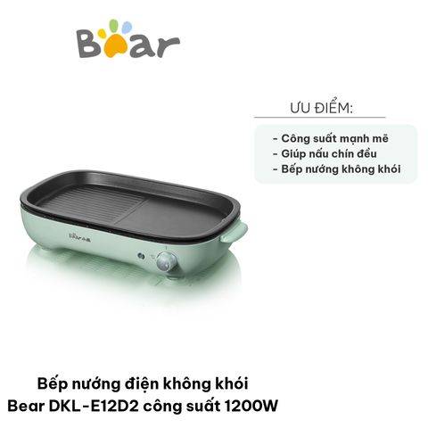 Bếp Nướng Điện Không Khói Bear DKL-E12D2 - 1200W, Khay Nướng Chống Dính, Nướng Thịt Ngon Tại Nhà, Thiết Bị Tiện Lợi Cho Gia Đình 4-5 Người