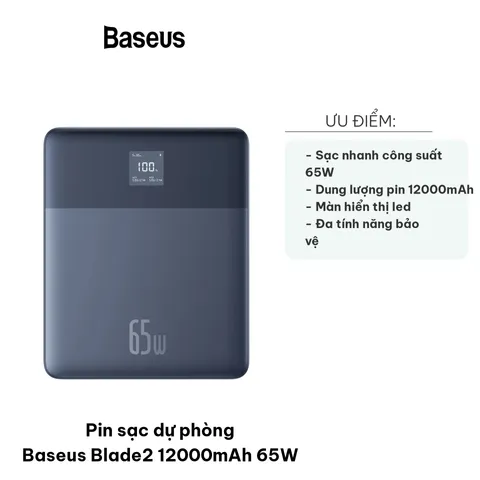 Pin sạc dự phòng Baseus Blade2 12000mAh 65W - Sạc nhanh cho điện thoại, máy tính bảng, thiết bị di động - Thiết kế nhỏ gọn và an toàn