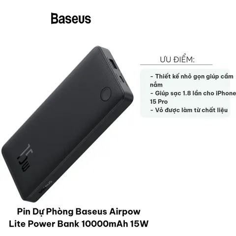 Pin Dự Phòng Baseus Airpow Lite 10000mAh 15W - Sạc Nhanh, Thiết Kế Nhỏ Gọn, Tích Hợp Cổng USB và Type-C, Đa Năng Cho Điện Thoại và Thiết Bị Khác