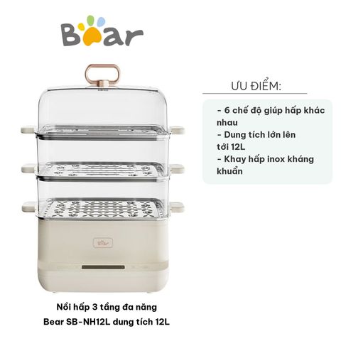 Nồi Hấp 3 Tầng Đa Năng Bear SB-NH12L 12L - Chế Độ Hấp Hải Sản, Thịt, Bánh Bao, Giữ Nhiệt Tự Động, Dễ Dàng Sử Dụng